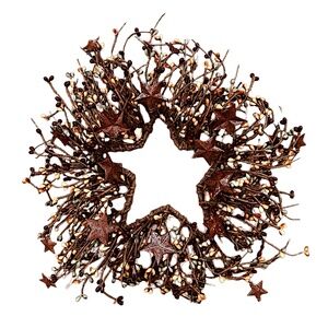 Christmas Fall Pip Berry & Stars Wreath 12” Rustic Metal Frame Star Shaped